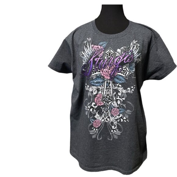 Lady Biker Sturgis 2014 Motorcycle Rally Retro Tattoo Cross Roses Tattoo Size XL - Picture 1 of 13